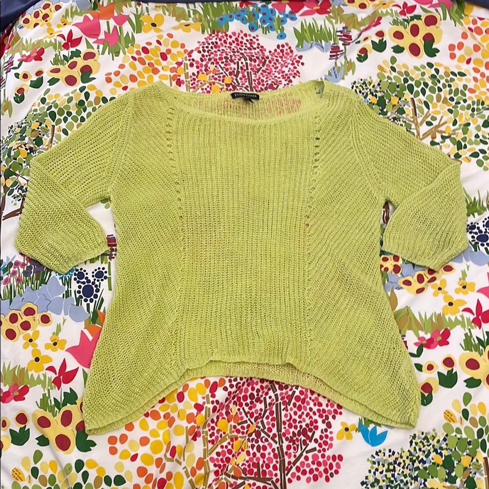 Eileen Fisher Lime Green Chartreuse Open-Knit Scoop Neck Sweater Linen Size XS